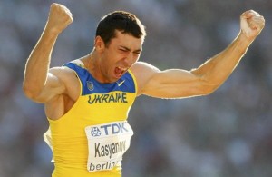 Kasyanov of Ukraine celebrates as he competes in the pole vault event in the men's decathlon during the world athletics championships at the Olympic stadium in Berlin